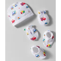 Babyhug 100% Cotton Interlock Knit Cap Mittens & Booties Set With Vehicle Print White - Diameter 10.5 cm-picture-12