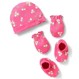 Babyhug 100% Cotton Interlock Knit Cap Mittens & Booties With Floral Print - Pink-image-13