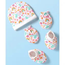 Babyhug 100% Cotton Interlock Knit Cap Mittens Booties With Floral Print White - Diameter 9.5 cm-image-30