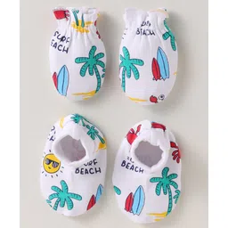 Babyhug 100% Cotton Interlock Knit Cap With Beach Theme Print - White-image-33
