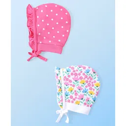 Babyhug 100% Cotton Interlock Knit Cap With Polka Dots & Floral Print Pack of 2 - Pink & White-image-49