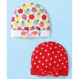 Babyhug 100% Cotton Interlock Knit Caps Heart & Tropical Print with Bow Applique Pack of 2 - Red & White-image-5