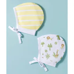 Babyhug 100% Cotton Interlock Knit Caps With Animal Print Pack Of 2 Yellow & White - Diameter 15 cm-image-49