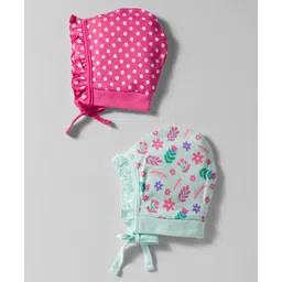 Babyhug 100% Cotton Interlock Knit Caps With Floral Print Pack Of 2 Pink & Light Green - Diameter 10 cm-image-9