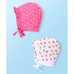 Babyhug 100% Cotton Interlock Knit Caps With Hearts & Floral Print Pack of 2 - Pink & White-image-8
