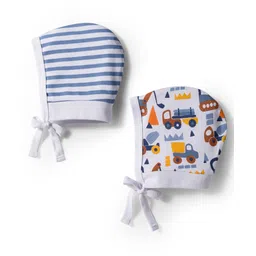 Babyhug 100% Cotton Interlock Knit Caps with Knot with Stripes & Truck Print White Pack of 2 - Diameter 13 cm-image-44