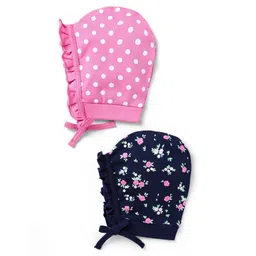 Babyhug 100% Cotton Interlock Knit Caps With Polka Dot & Floral Print Pack Of 2 - Pink & Black-image-2