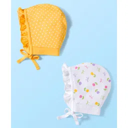 Babyhug 100% Cotton Interlock Knit Caps With Polka Dots & Floral Print Pack Of 2 - Diameter 16 cm-image-43