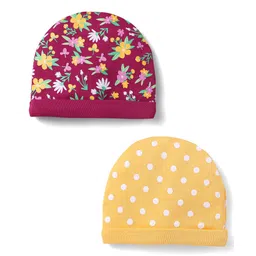 Babyhug 100% Cotton Interlock Knit Caps With Polka Dots & Floral Print Pack Of 2 - Marron & Yellow-picture-19