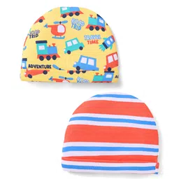 Babyhug 100% Cotton Interlock Knit Caps With Striped & Road Trip Print Pack Of 2 - Yellow & Red-image-47