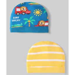 Babyhug 100% Cotton Interlock Knit Caps With Stripes & Tropical Theme Pack Of 2 Yellow & Blue - Diameter 18.5 cm-image-7