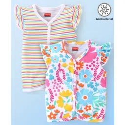 Babyhug 100% Cotton Interlock Knit Frill Sleeves Antibacterial Front Open Vest Stripes & Floral Pack of 2 - Multicolor-picture-16