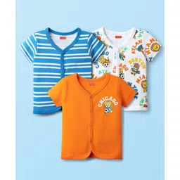 Babyhug 100% Cotton Interlock Knit Front Open Half Sleeves Vests With Stripes & Animal Print Pack Of 3 - Blue Orange & White-picture-23