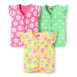 Babyhug 100% Cotton Interlock Knit Front Open Sleeveless Vests With Floral Popsicle & Polka Dot Print Pack Of 3 - Yellow Pink & Green-picture-15