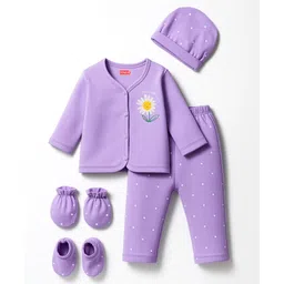 Babyhug 100% Cotton Interlock Knit Full Sleeves Floral Printed Inner Wear Set With Mittens Booties & Cap - Lavender-image-8