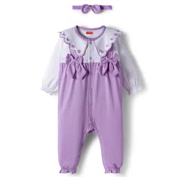 Babyhug 100% Cotton Interlock Knit Full Sleeves Front Open Romper with Frill Detailing Floral Embroidery & Bow Applique & Hairband - Purple-picture-32