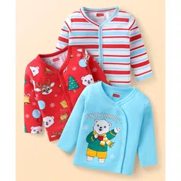 Babyhug 100% Cotton Interlock Knit Full Sleeves Front Open Vests With Stripes & Animal Print Pack Of 3 - Light Blue Red & White-picture-27