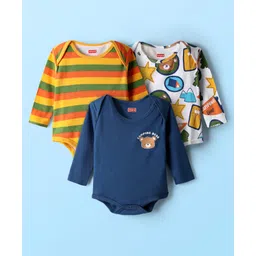 Babyhug 100% Cotton Interlock Knit Full Sleeves Onesies with Stripe Design & Animal Print Pack of 3 - Navy Blue White & Orange-picture-26
