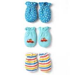 Babyhug 100% Cotton Interlock Knit Mittens With Stripes & Animal Print Pack Of 3 - Blue yellow & Light Blue-picture-11