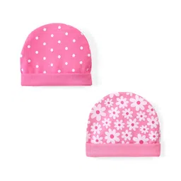 Babyhug 100% Cotton Interlock Knit Polka Dots & Floral Print Caps Pack of 2 - Pink-image-12