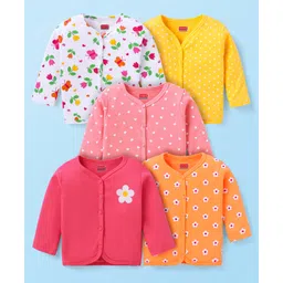 Babyhug 100% Cotton Knit Antibacterial Full Sleeves Front Open Vests with Floral Heart & Polka Dots Print Pack of 5 - Dark Pink Yellow & White-picture-18