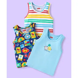 Babyhug 100% Cotton Knit Antibacterial Sleeveless Sandos with Stripes & Beach Theme Print Pack of 3 - Light Blue & Navy Blue-picture-37