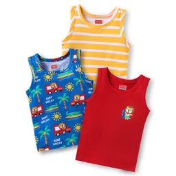 Babyhug 100% Cotton Knit Antibacterial Sleeveless Sandos with Stripes & Vehicle Print Pack of 3 - Navy Blue Red & Yellow-picture-38
