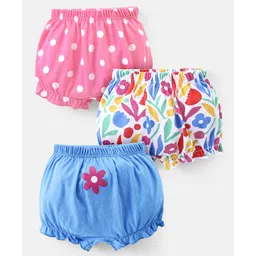 Babyhug 100% Cotton Knit Bloomers With Floral & Polka Dot Print Pack of 3 - Blue White & Pink-picture-16