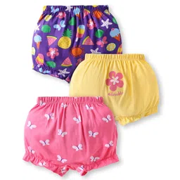 Babyhug 100% Cotton Knit Bloomers with Floral Butterfly & Pineapple Print Pack of 3 - Pink Yellow & Purple-picture-22