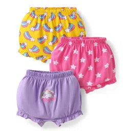 Babyhug 100% Cotton Knit Bloomers with Stars & Unicorn Print Pack of 3 - Yellow Pink & Lilac-picture-19