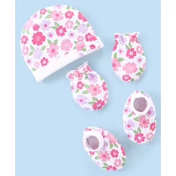 Babyhug 100% Cotton Knit Cap Mittens And Booties Floral Print - Multicolor-picture-13