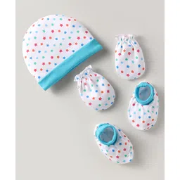 Babyhug 100% Cotton Knit Cap Mittens & Booties Set with Star Print White - Diameter 11.5 cm-picture-17