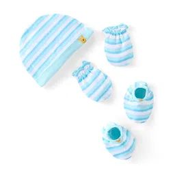 Babyhug 100% Cotton Knit Cap Mittens & Booties Set with Stripes  - Blue-picture-21