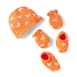 Babyhug 100% Cotton Knit Cap Mittens & Booties With Butterfly Print & Bow Applique - Orange-picture-28