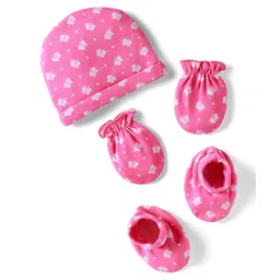 Babyhug 100% Cotton Knit Cap Mittens & Booties With Butterfly Print Pink - Circumference 32 cm-picture-32