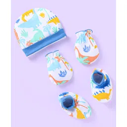 Babyhug 100% Cotton Knit Cap Mittens & Booties with Dino Print - White & Blue-picture-23