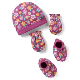 Babyhug 100% Cotton Knit Cap Mittens & Booties With Floral Print Fuchsia - Circumference 30 cm-picture-26