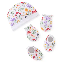 Babyhug 100% Cotton Knit Cap Mittens & Booties With Floral Print - White-picture-33
