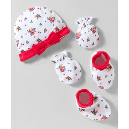 Babyhug 100% Cotton Knit Cap Mittens & Booties With Floral Print White - Diameter 10 cm-picture-20