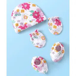 Babyhug 100% Cotton Knit Cap Mittens & Booties With Floral Print White - Diameter 11 cm-picture-38