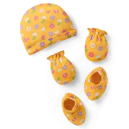 Babyhug 100% Cotton Knit Cap Mittens & Booties With Floral Print Yellow - Circumference 32 cm-picture-34