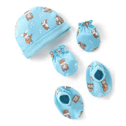 Babyhug 100% Cotton Knit Cap Mittens & Booties With Squirrel Print - Blue-picture-22