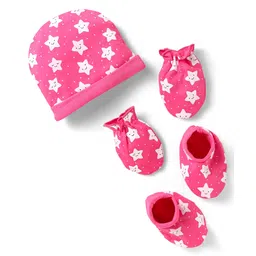 Babyhug 100% Cotton Knit Cap Mittens & Booties With Star & Polka Dot Print - Dark Pink-picture-10