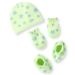 Babyhug 100% Cotton Knit Cap Mittens & Booties With Star Print - Light Green-picture-16