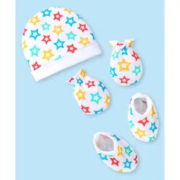 Babyhug 100% Cotton Knit Cap Mittens & Booties with Star Print - White-picture-15