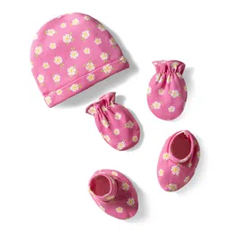 Babyhug 100% Cotton Knit Cap Mittens & Booties With Stripes & Floral Print Dark Pink - Diameter 11 cm-picture-27