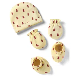 Babyhug 100% Cotton Knit Cap Mittens & Booties With Tree Print Beige - Circumference 28 cm-picture-28