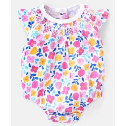 Babyhug 100% Cotton Knit Cap Sleeves Onesie with Floral Print - White-picture-10