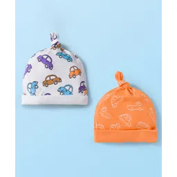 Babyhug 100% Cotton Knit Cap with Vehicle Print Pack of 2 White & Orange - 14 cm Diameter-picture-18