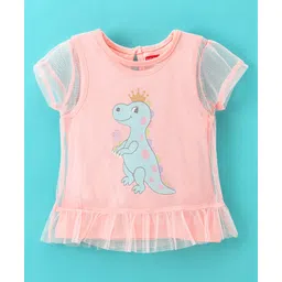 Babyhug 100% Cotton Knit Double Layered Half Sleeves Tee With Separate Outer Mesh Tee Having Dino Graphics & Frill Detailing - Pink-picture-28